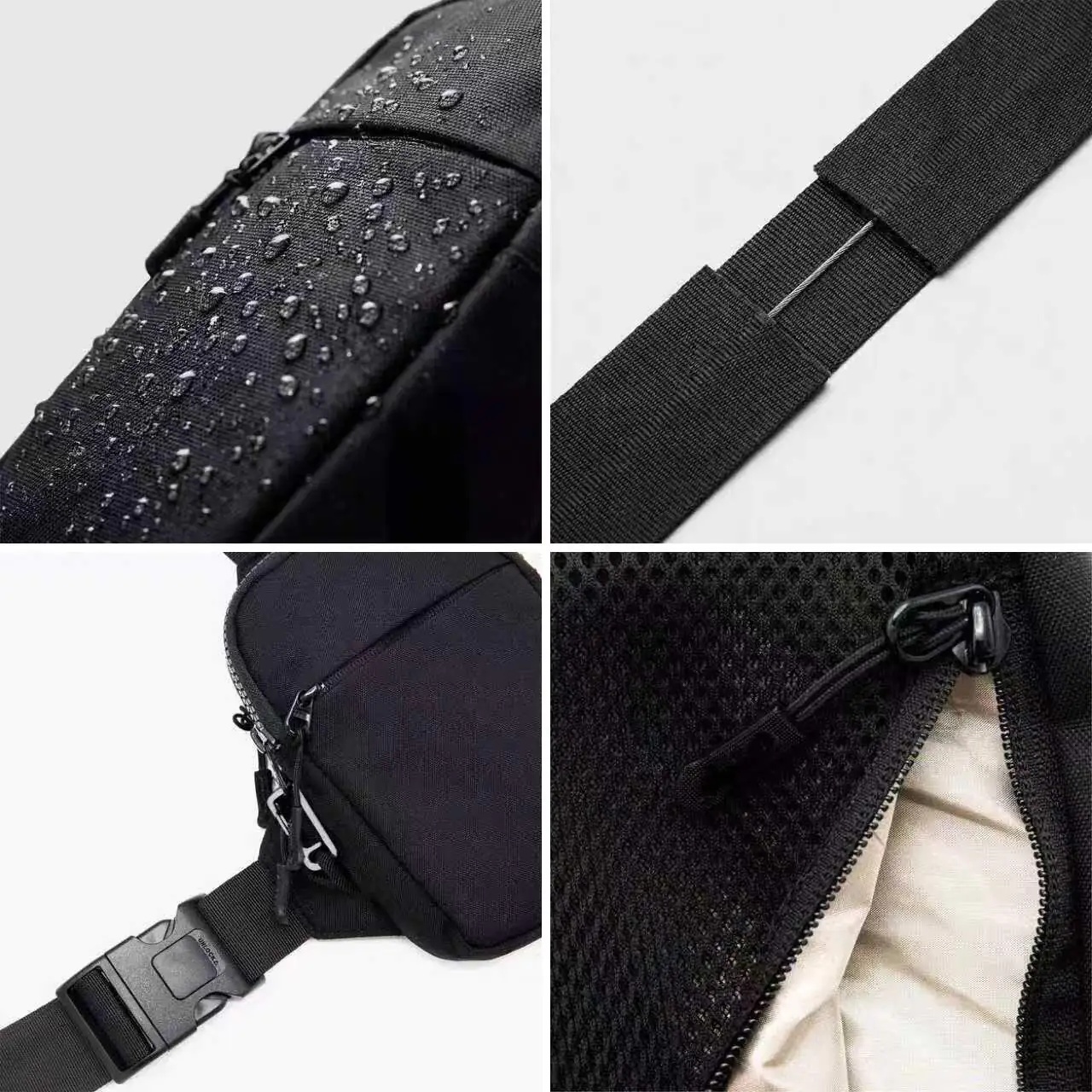 Detail collage: water resistance, steel strap, lockable zippers and mesh back