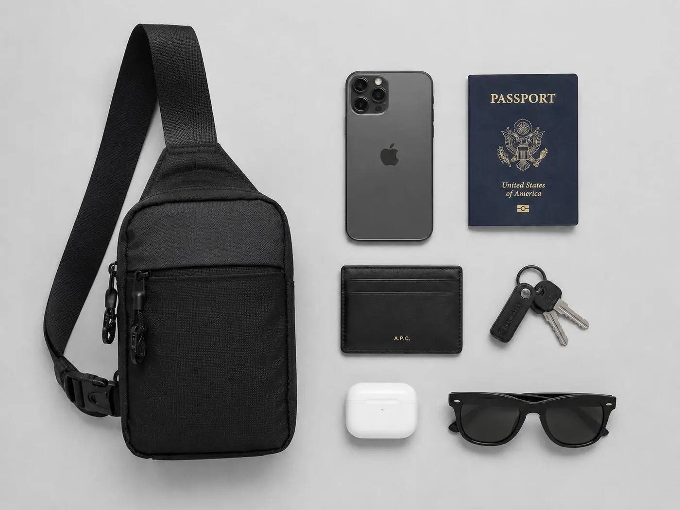 Flat lay of the bag with phone, passport, wallet, keys and earbuds