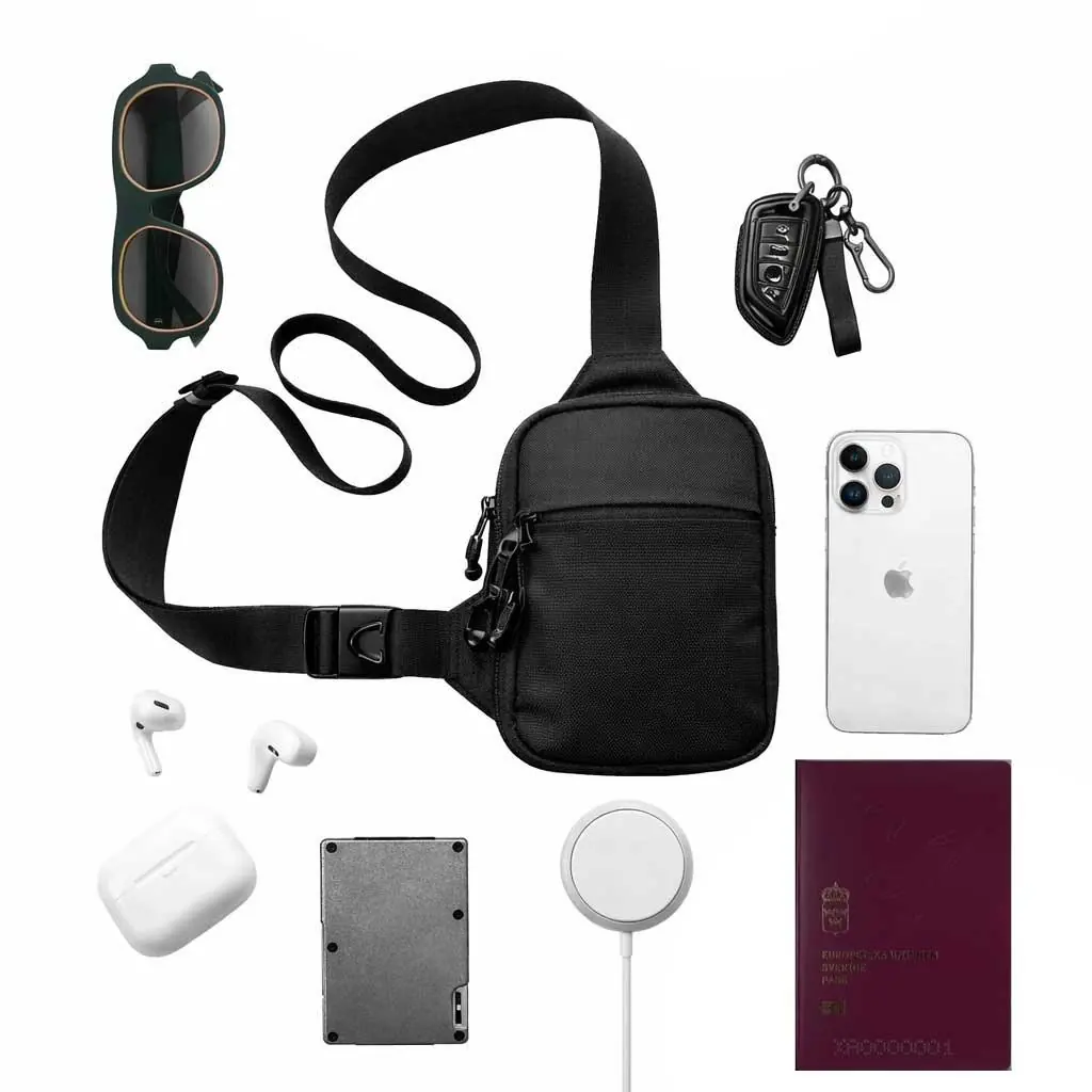 Everything the bag carries: sunglasses, keys, phone, earbuds, wallet and passport
