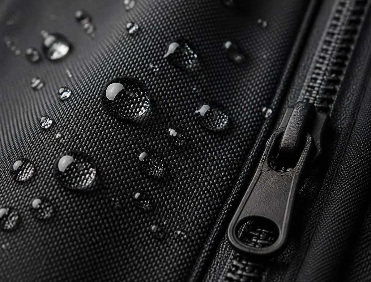 Water beading on the water-resistant nylon next to the zipper