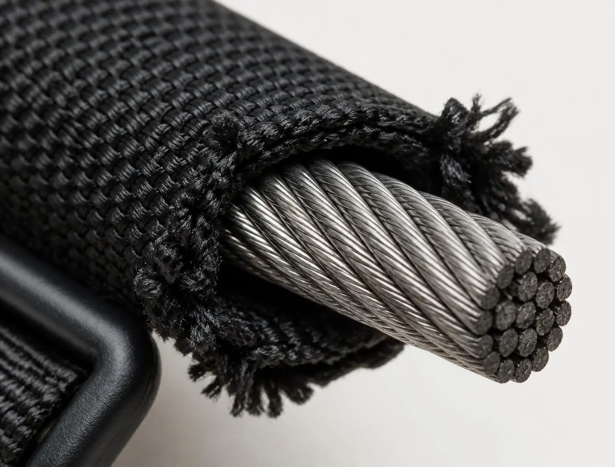 Close-up of the steel cable inside the reinforced strap